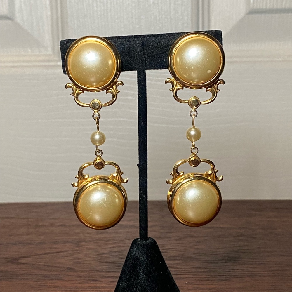 Vintage Faux Pearl Statement Drop Earrings – Gold Tone Ornate Dangle Earrings